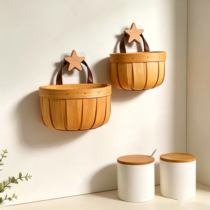 Wooden Slat Woven Wall-Mounted Storage Basket